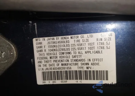 2008 Honda Cr-V Ex from USA, damaged, VIN JHLRE48548C081856